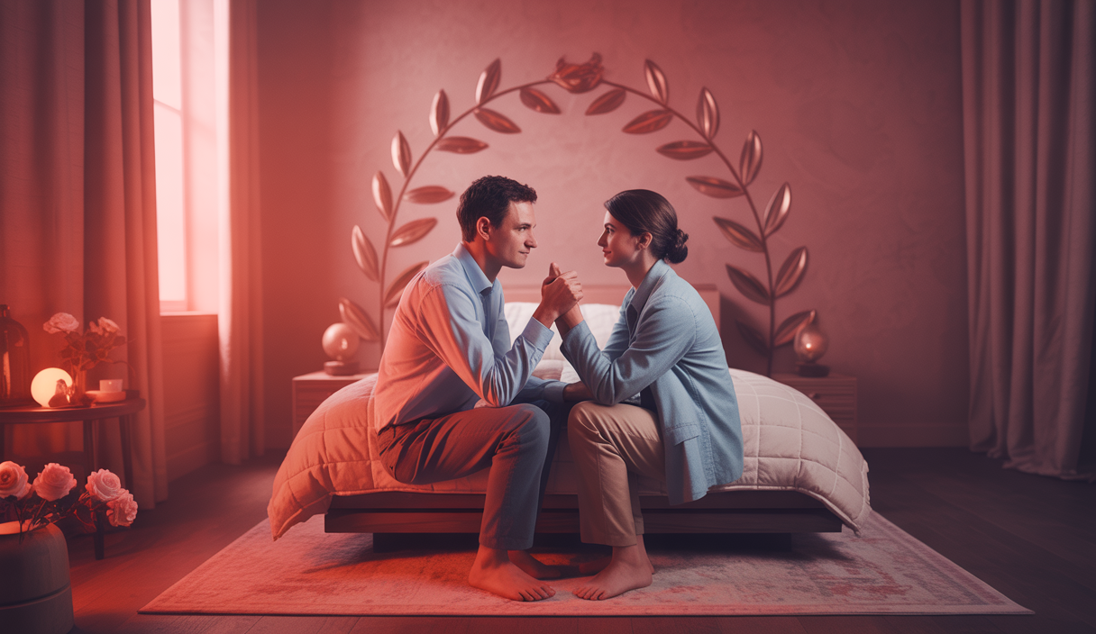 Un couple échangeant un regard complice dans un environnement intime et chaleureux