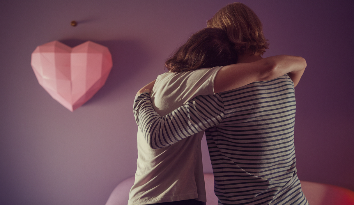 Couple entrelacé symbolisant la dépendance émotionnelle avec une aura harmonieuse.