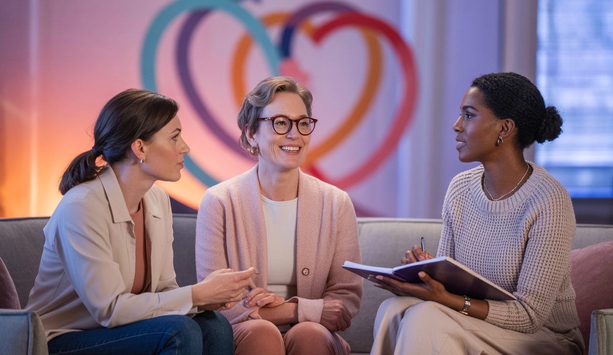 Illustration artistique des dynamiques amoureuses contemporaines influencées par l'empathie, montrant trois experts en discussion.