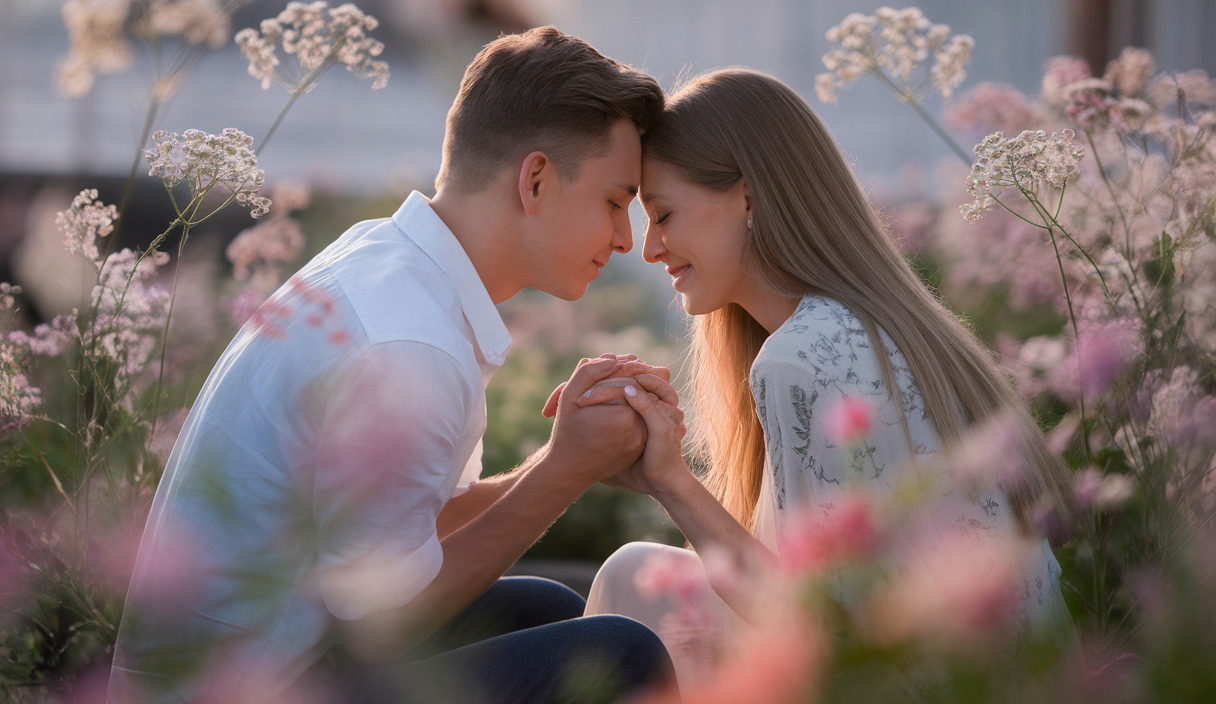 Un couple partageant un moment d'intimité émotionnelle dans un cadre serein et chaleureux.