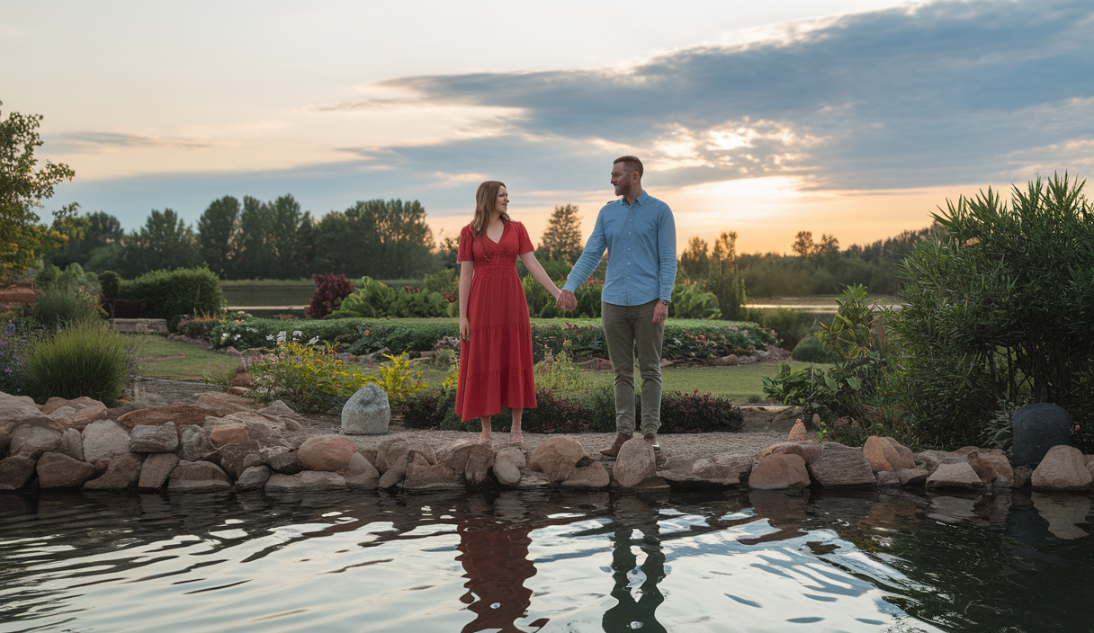 Couple dans un paysage romantique, captivé par une atmosphère de renouveau et de passion
