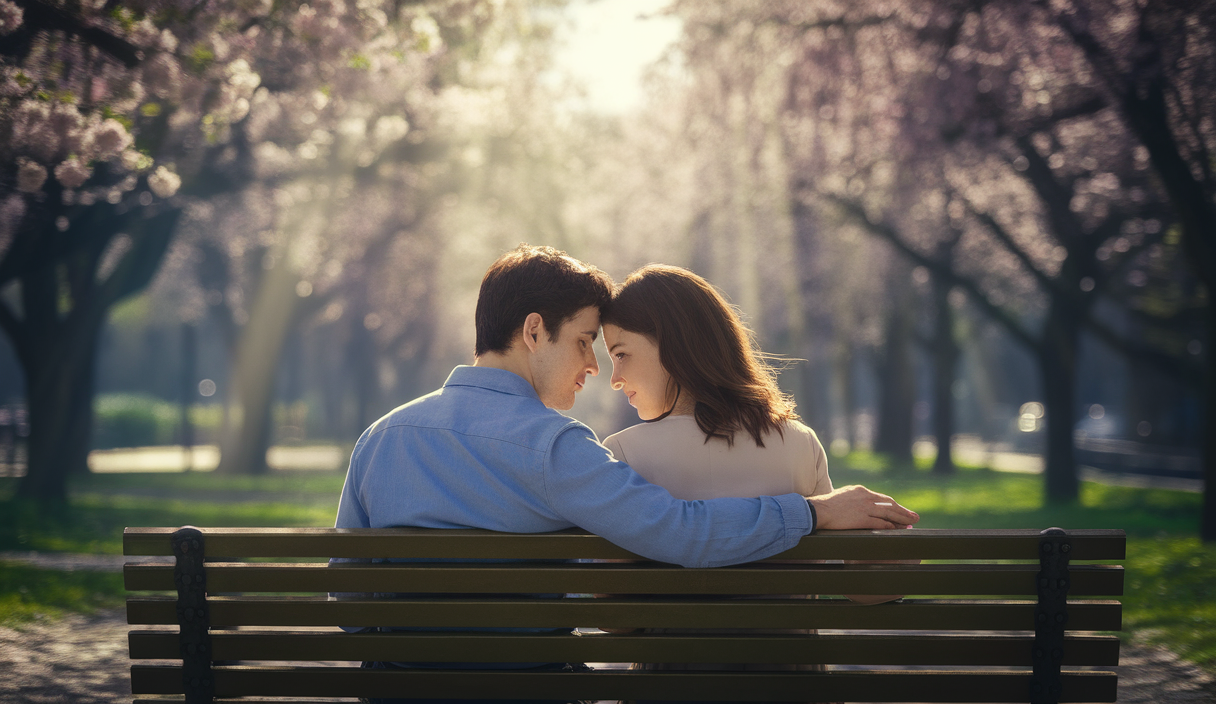 Couple renforçant leur relation après une crise, des couleurs chaudes illustrent la réconciliation.