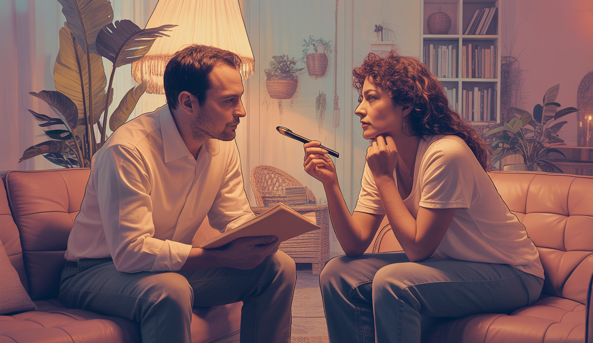 Couple en thérapie engagée dans une introspection profonde