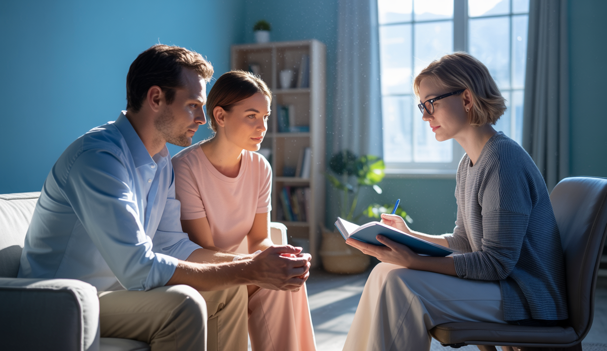 Image douce et lumineuse d'un couple en thérapie, offrant une atmosphère sereine et positive.
