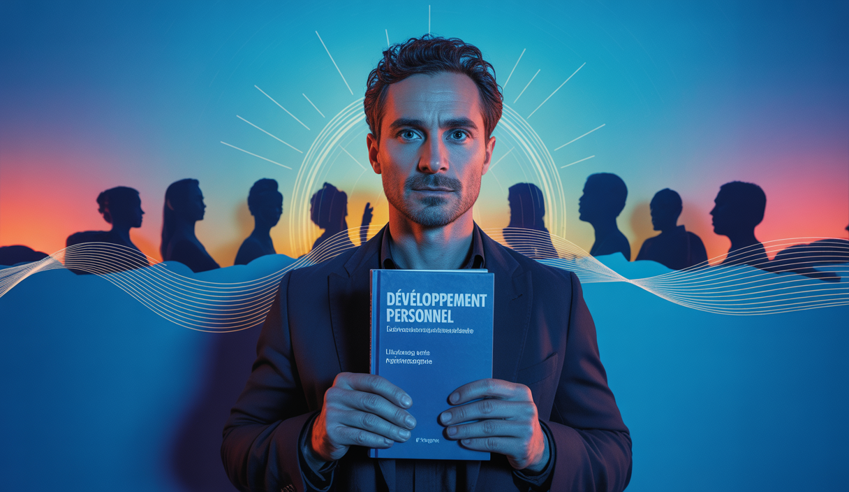 Homme confiant tenant un livre sur le développement personnel, entouré d'une aura de transformation.