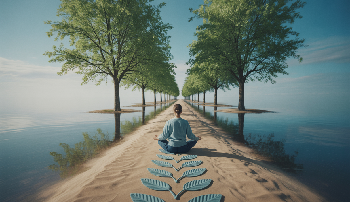 Personne méditant sur un chemin bordé d'arbres symbolisant l'acceptation et la sérénité