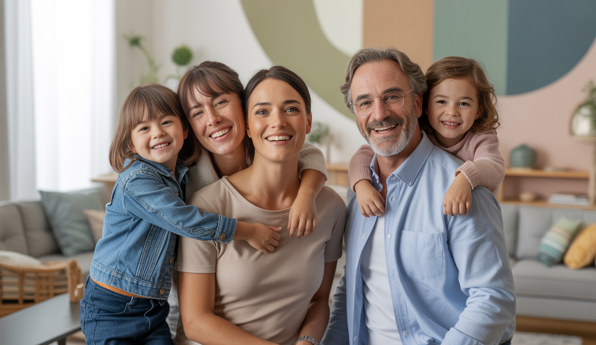 Famille unie partageant un moment chaleureux et réconfortant, illustrant le soutien émotionnel et le bien-être mental