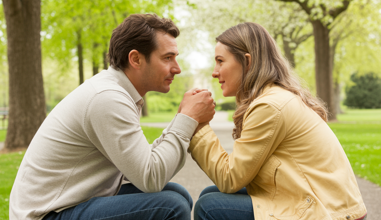 Un couple épanoui se tenant la main dans un cadre paisible symbolisant la croissance personnelle et la résilience dans la relation amoureuse
