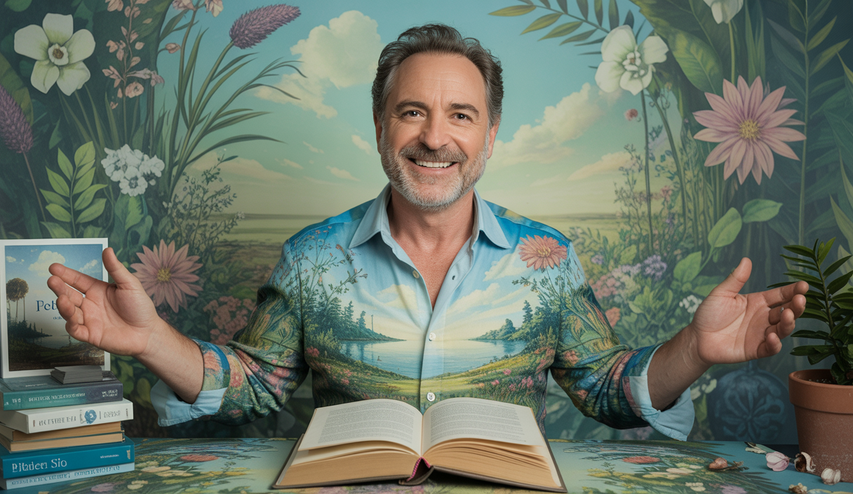 Walter Riso souriant dans un décor épanouissant avec des éléments symbolisant l'amour-propre et le développement personnel.